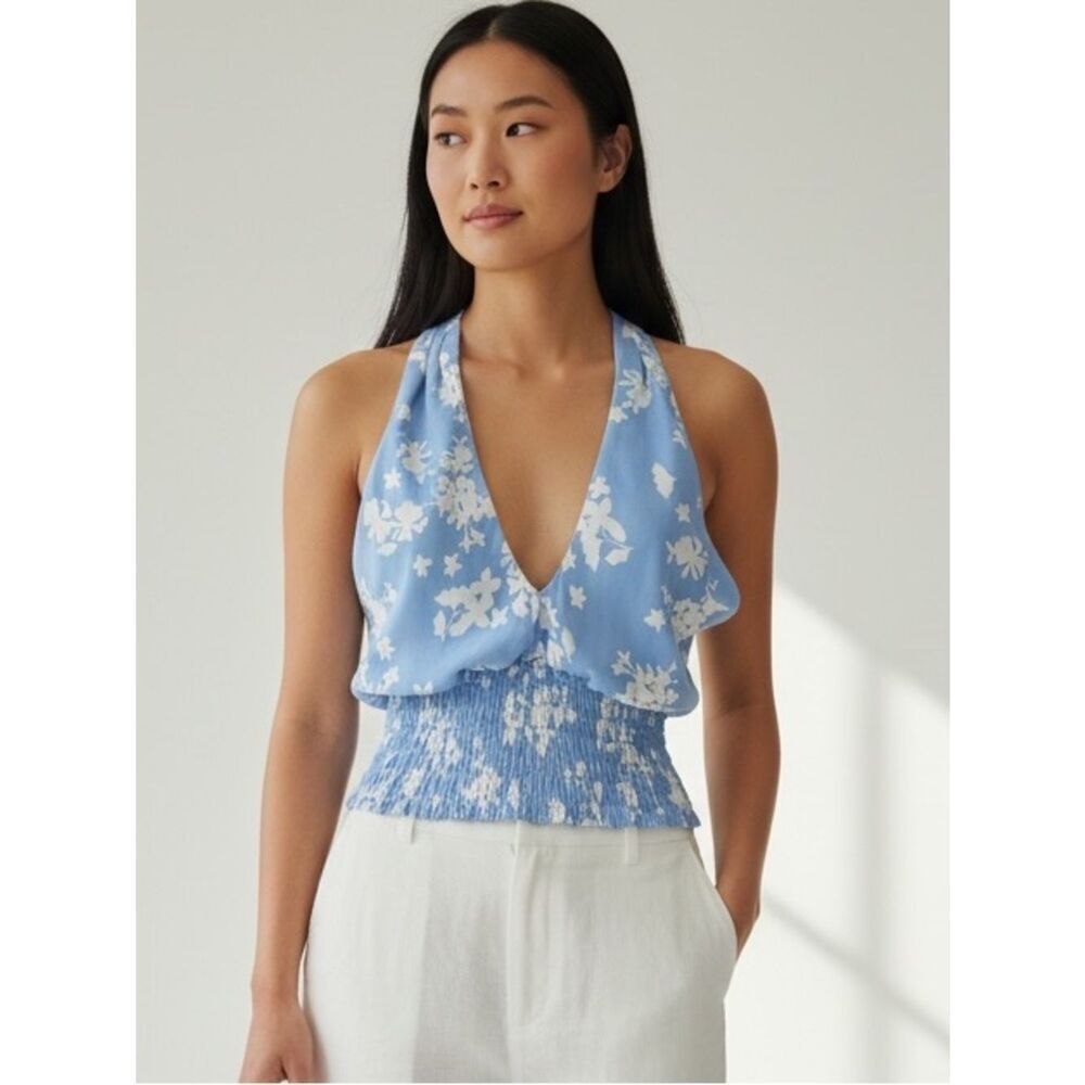Sienna Sky Light Blue Halter Smocked Tie Crop Top. Size Extra Small